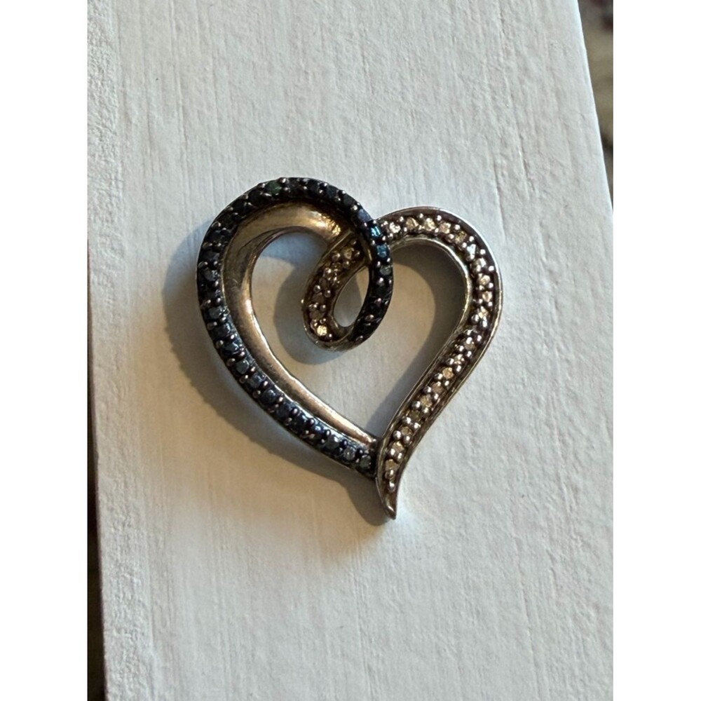 Sterling Silver 925 Heart Pendant Black & White Diamond Accent Open Heart
